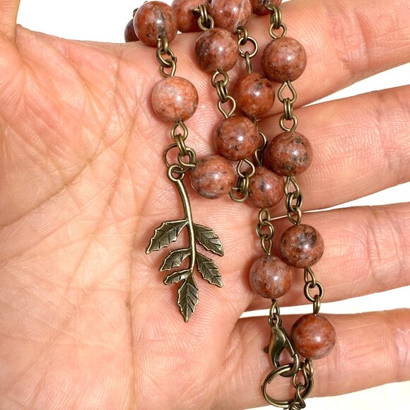 Genuine Red Jasper Short Necklace, Cute Bronze Leaf Branch + Natural Gemstone - Picture 14 of 14